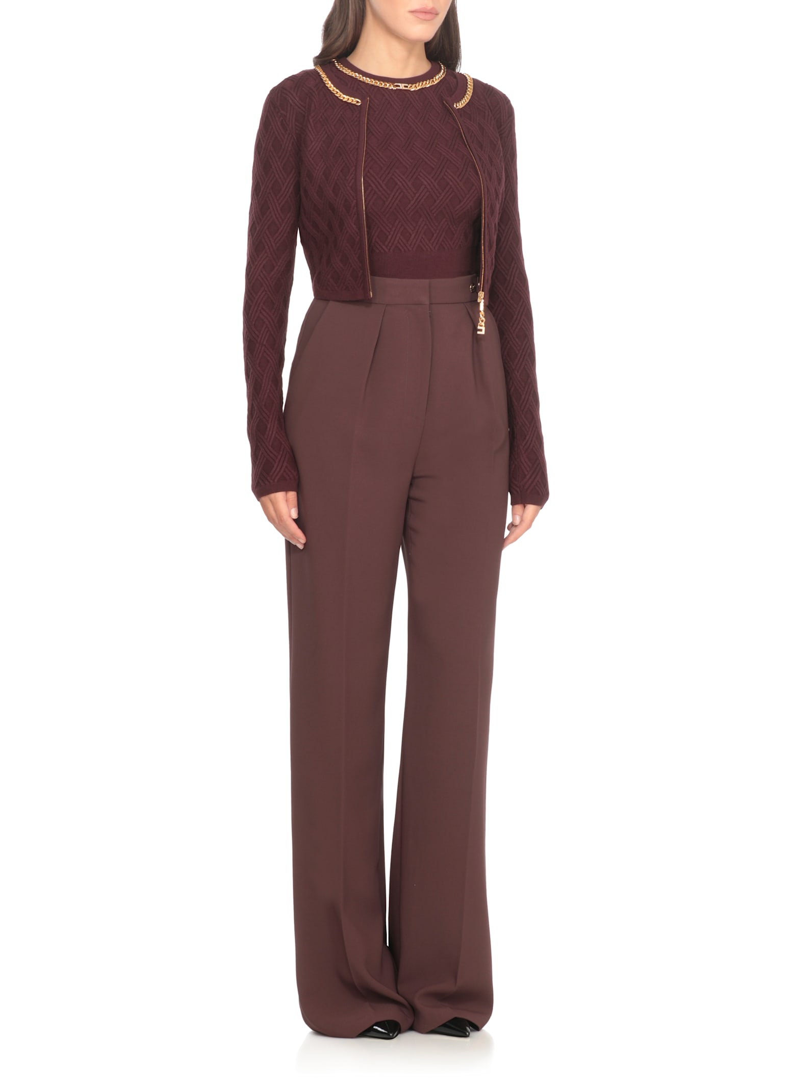 Elisabetta Franchi Cropped Sleeveless Sweater Gold Chain Detail In Burgundy
