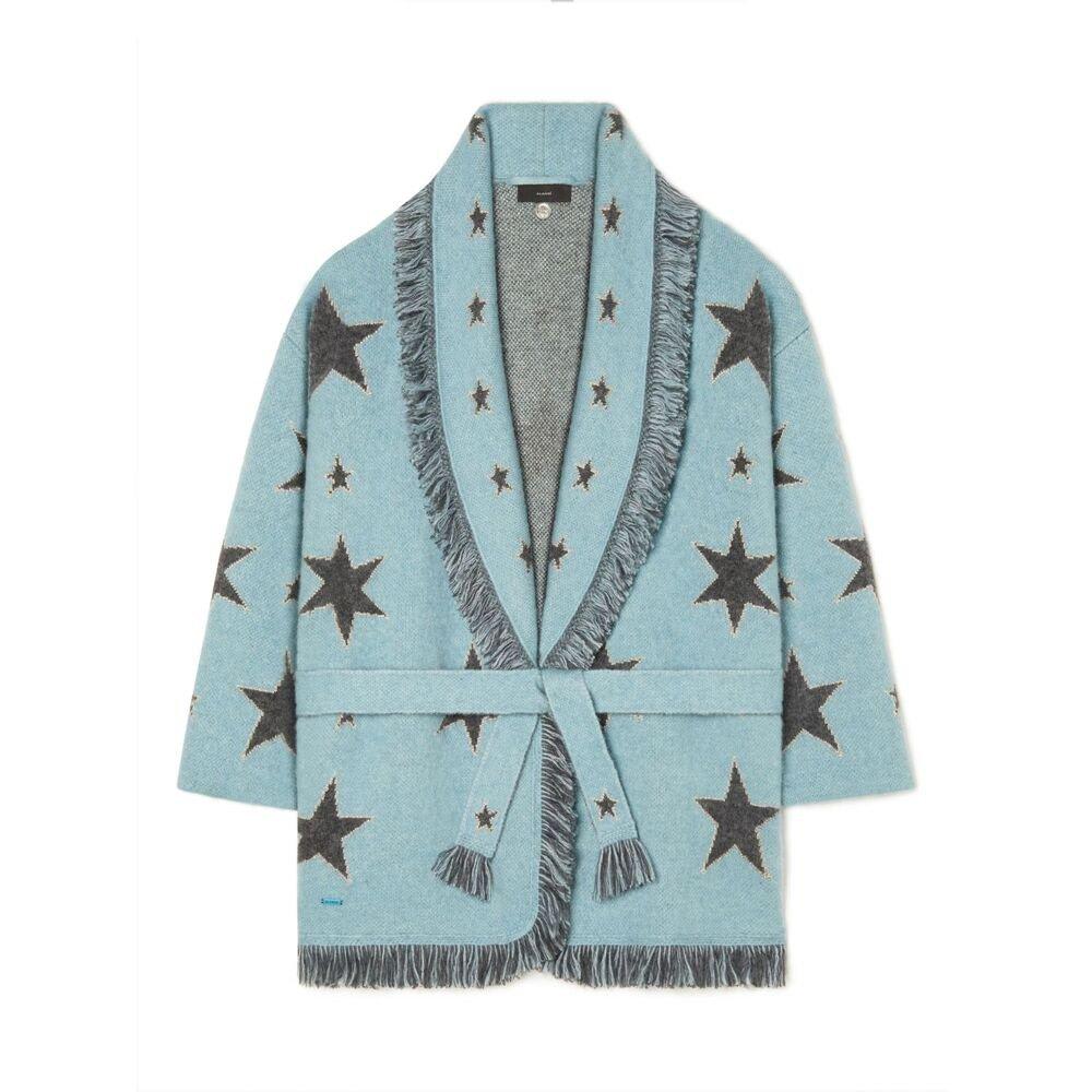 Alanui Star Printed Belted Fringed Cardigan In Blue