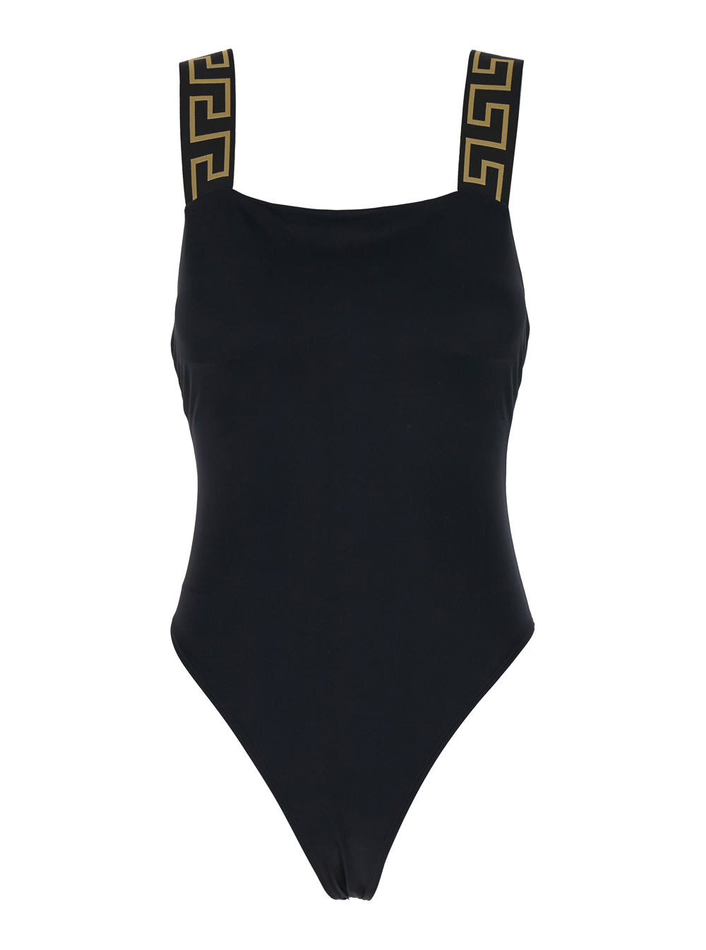 Shop Versace Black One-piece Swimsuit With Greca Detail In Stretch Polyamide Woman