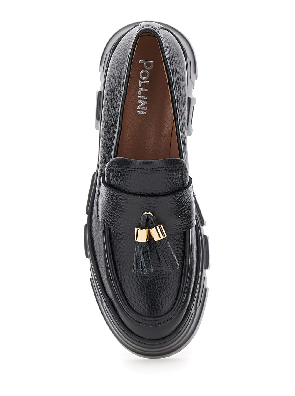 Shop Pollini Black Loafers With Tassel And Platform In Hammered Leather Woman