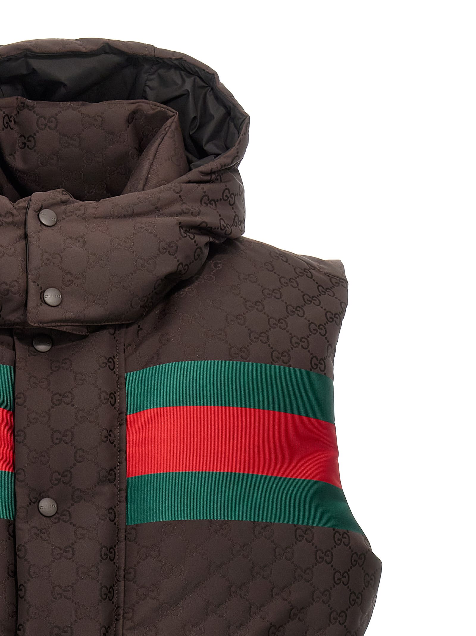 Gucci Dark Brown Gg Polyester Blend Sleeveless Down Jacket In Browngreenred