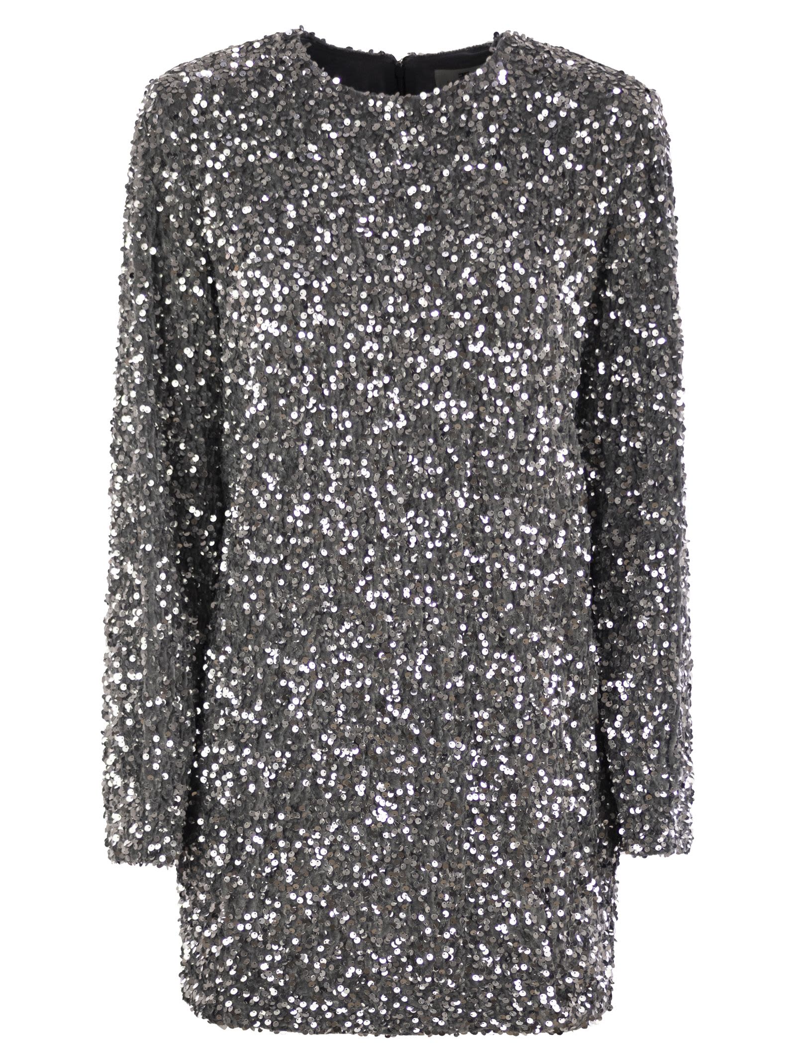 Shop Elisabetta Franchi Embroidered Boxy Mini Dress In Chenille With Sequins In Silver