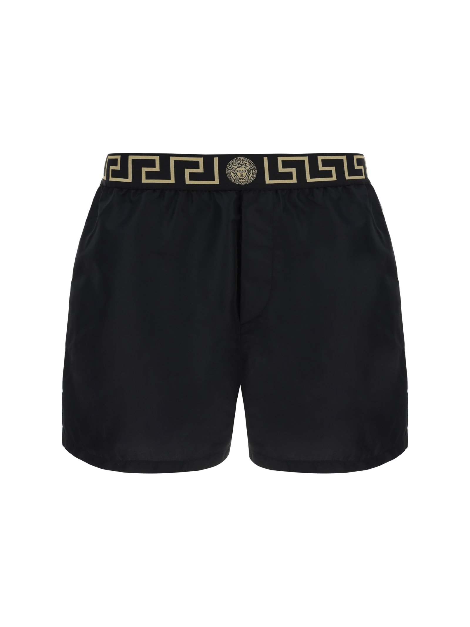 Shop Versace Swimshorts In Black Gold Greek Key