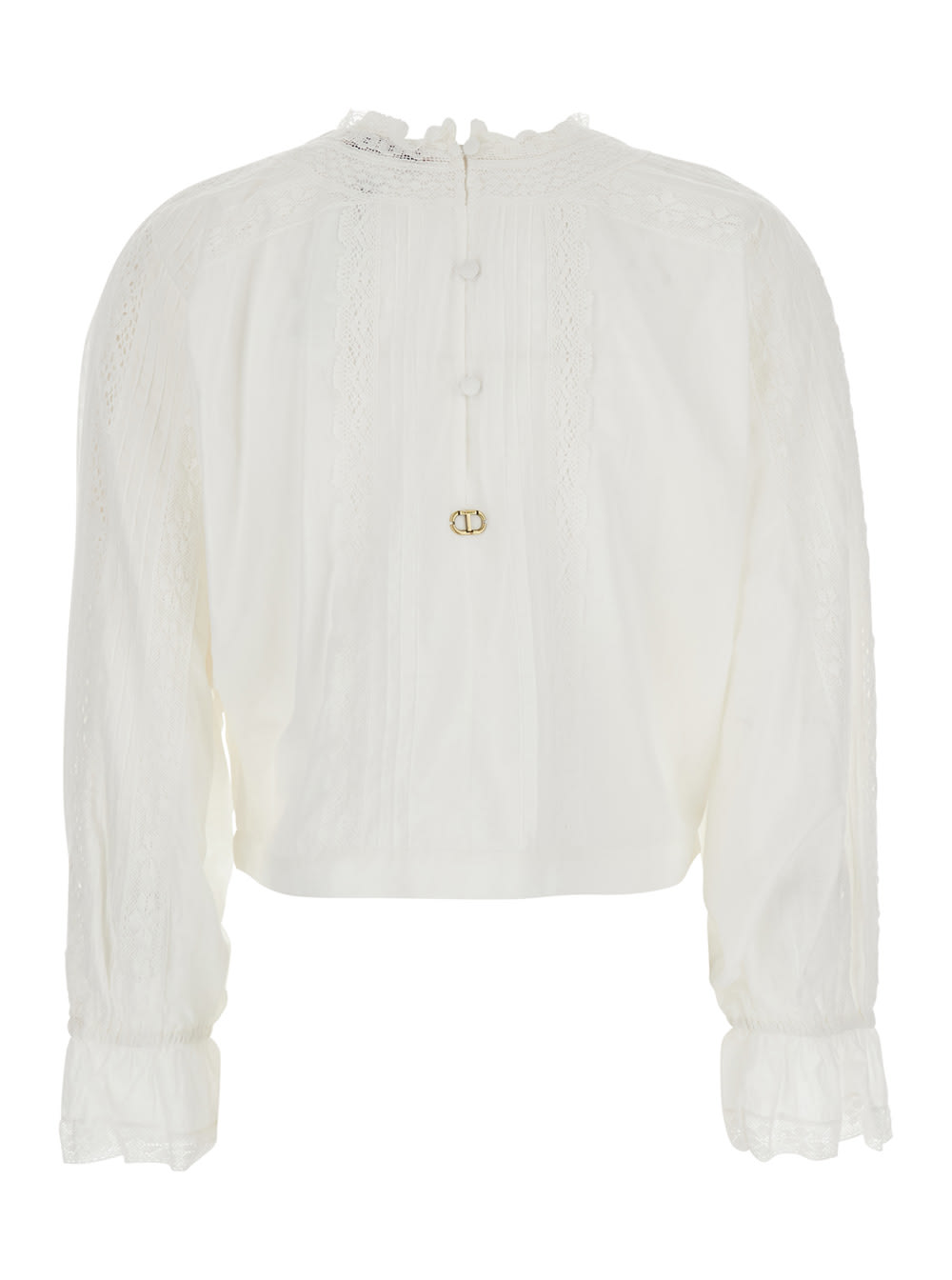 TWINSET WHITE SWEATER WITH MOCK NECK AND EMBROIDERED DETAILS IN COTTON WOMAN