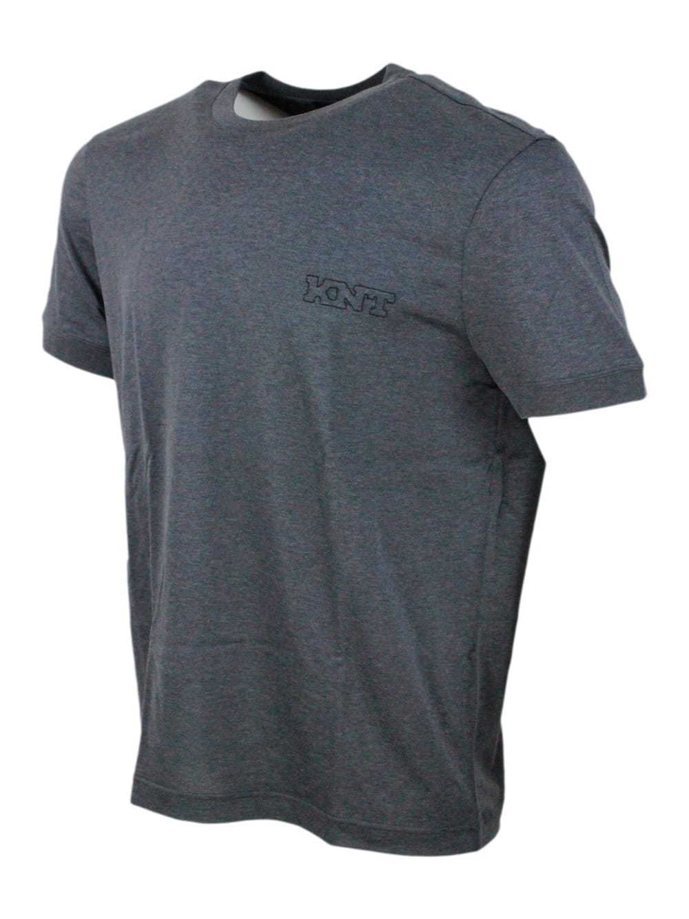 Shop Kiton Short-sleeved Crew-neck Knt T-shirt In Fine Cotton With Logo Embroidery On The Chest In Grey
