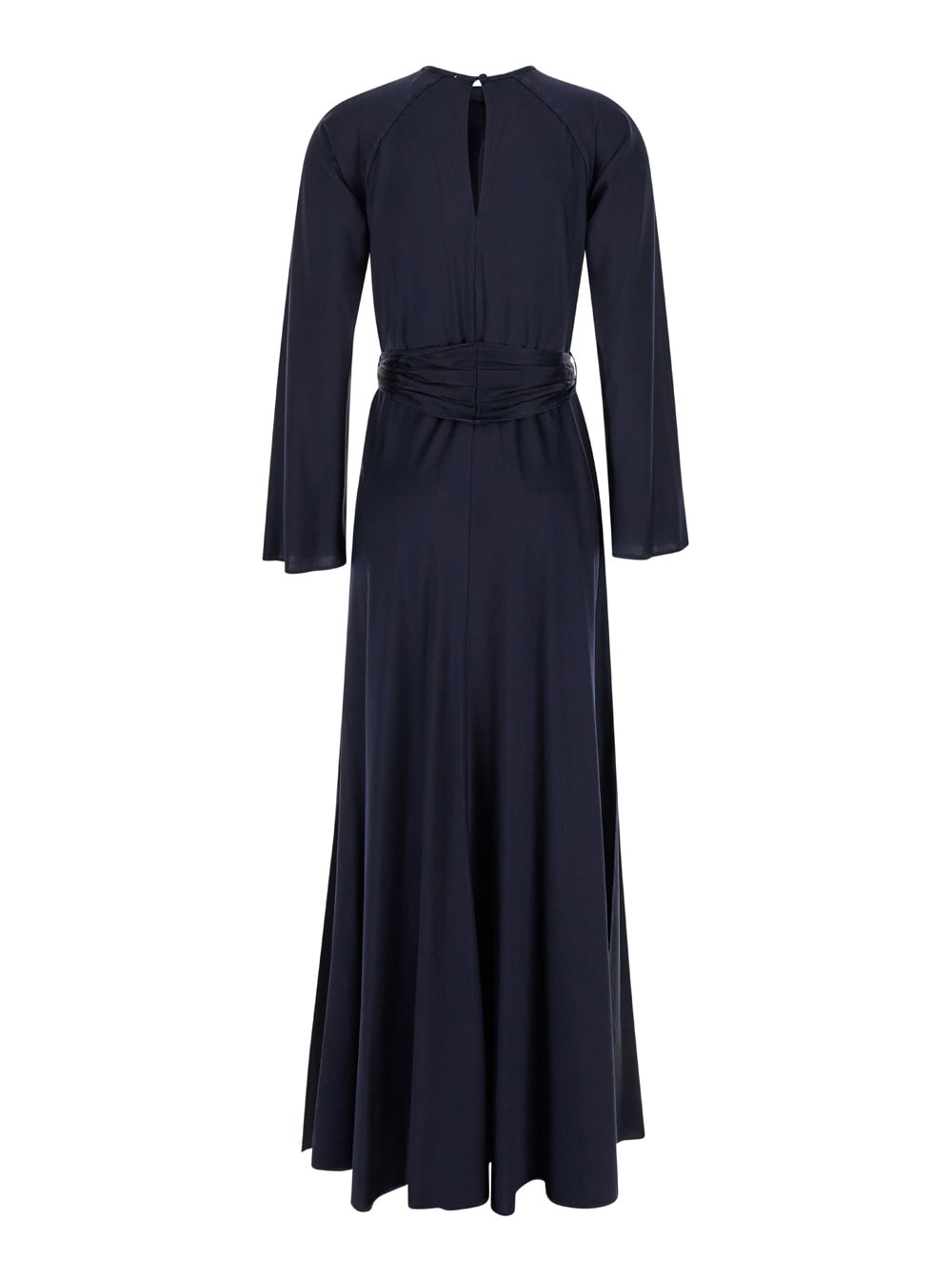 Shop Forte Forte Long Blue Dress With Long Sleeves And Bow In Stretch Silk Woman In Notte