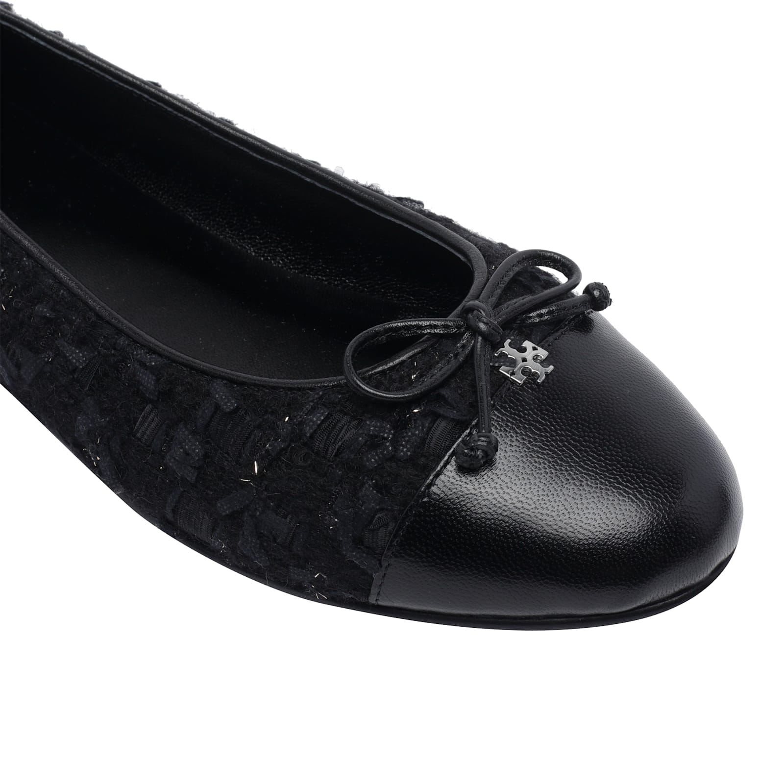 Tory Burch Round Toe Ballerina Shoes With Bow Detail In Black