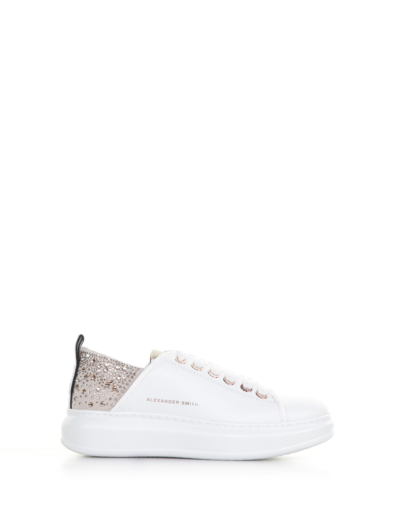 Alexander Smith Sneakers In Leather And Rhinestones On The Heel In Bianco /platino