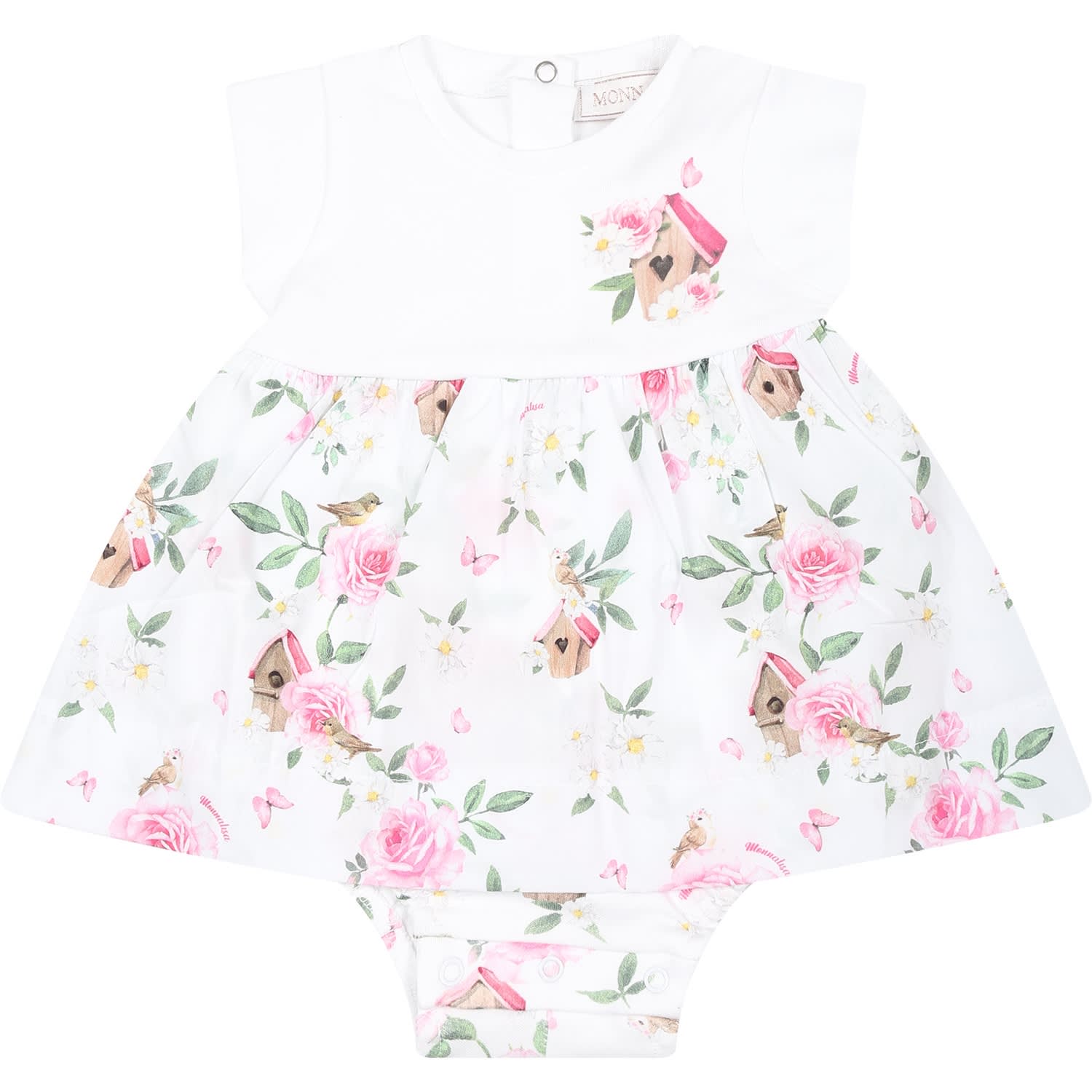 Monnalisa White Romper For Baby Girl With Flowers Print