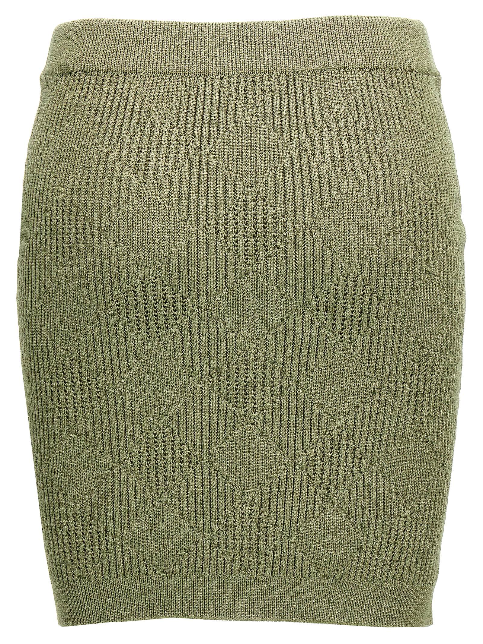 Shop Balmain Openwork Knit Skirt In Green