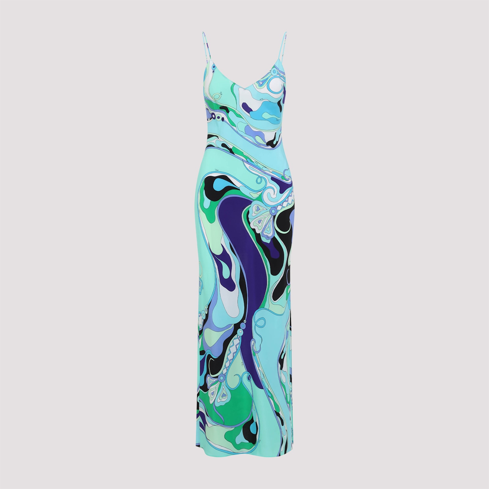 Pucci Abstract Print Maxi Dress With Spaghetti Straps In Verde Lilla