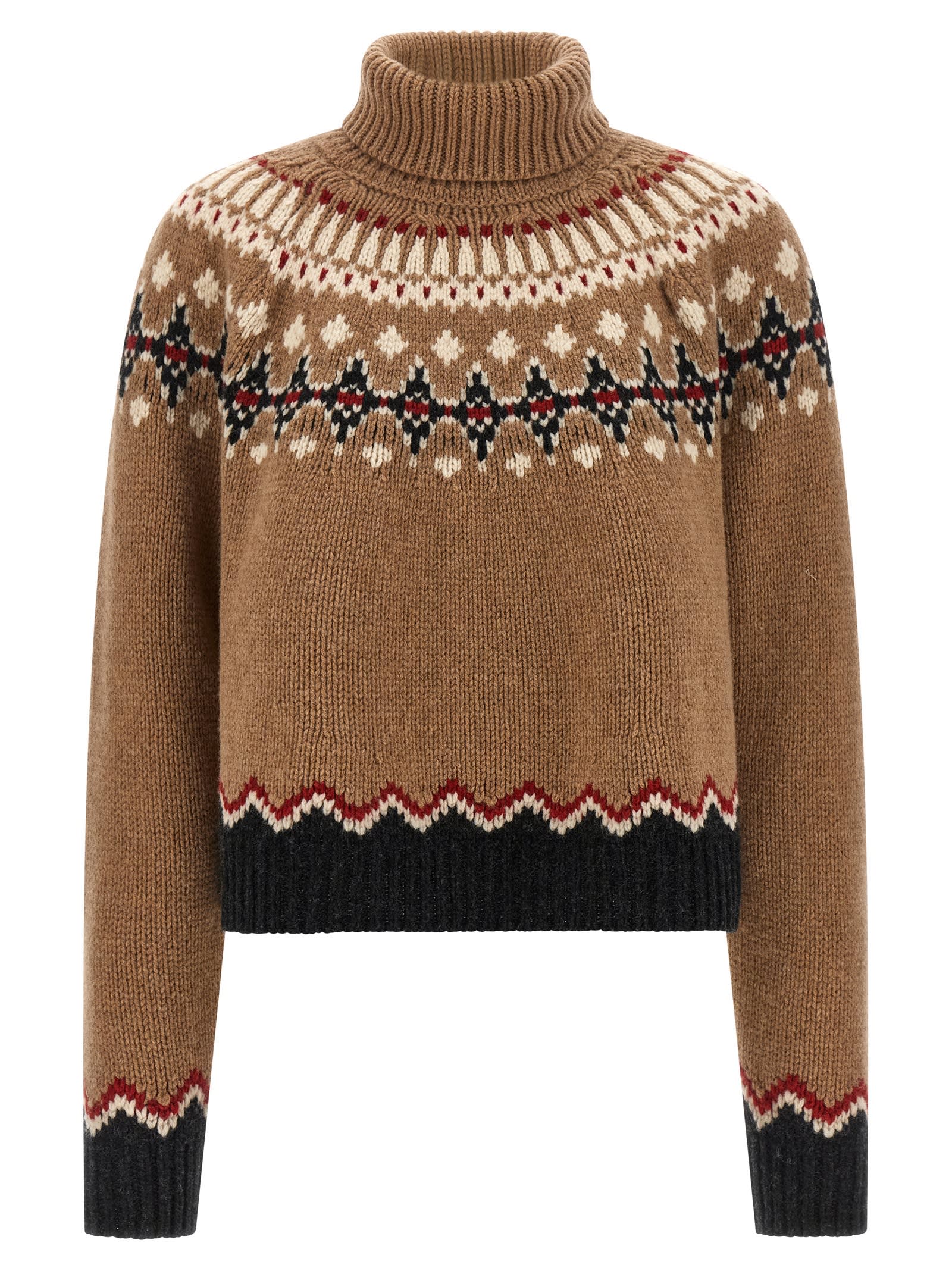 Alanui Patterned Camel Turtleneck Sweater With Geometric And Floral Motifs In Brown