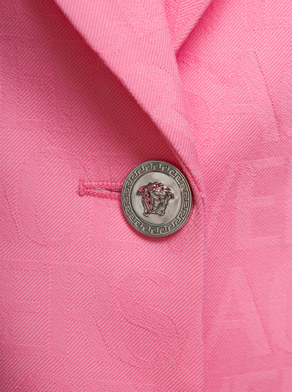 Shop Versace Pink Single-breasted Jacket With All-over Tonal Logo Lettering Print In Wool Woman