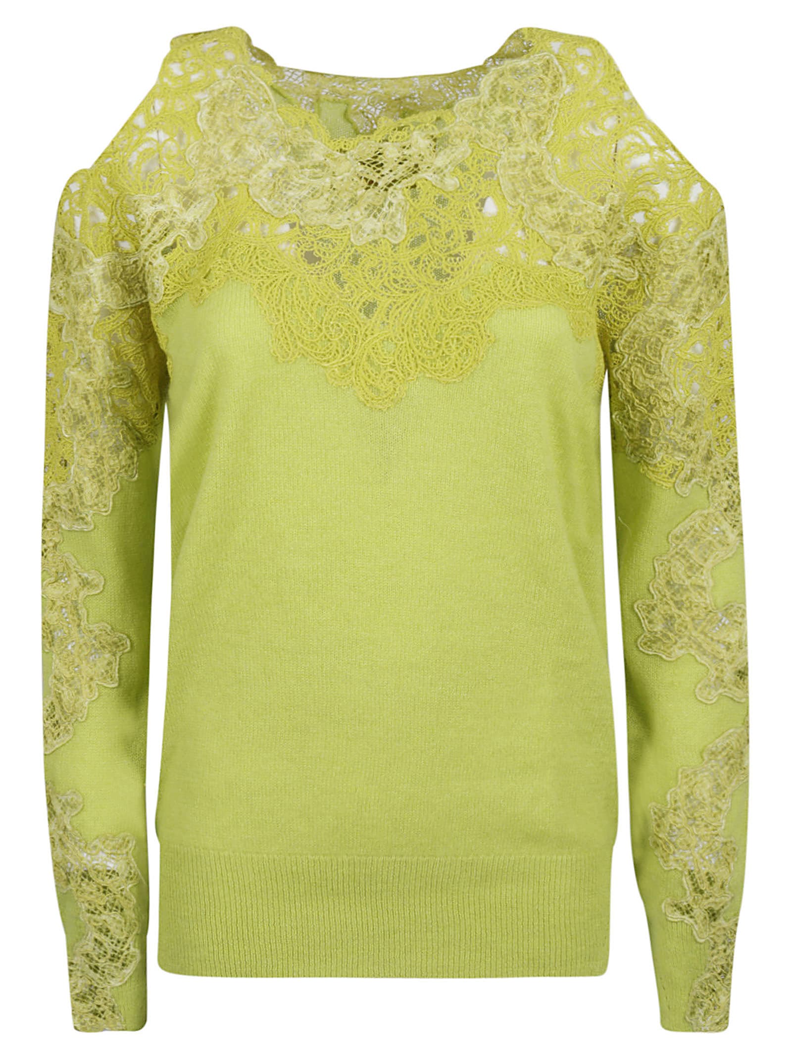 Ermanno Scervino Lace Paneled Cut-out Detail Sweater In Dark Citron