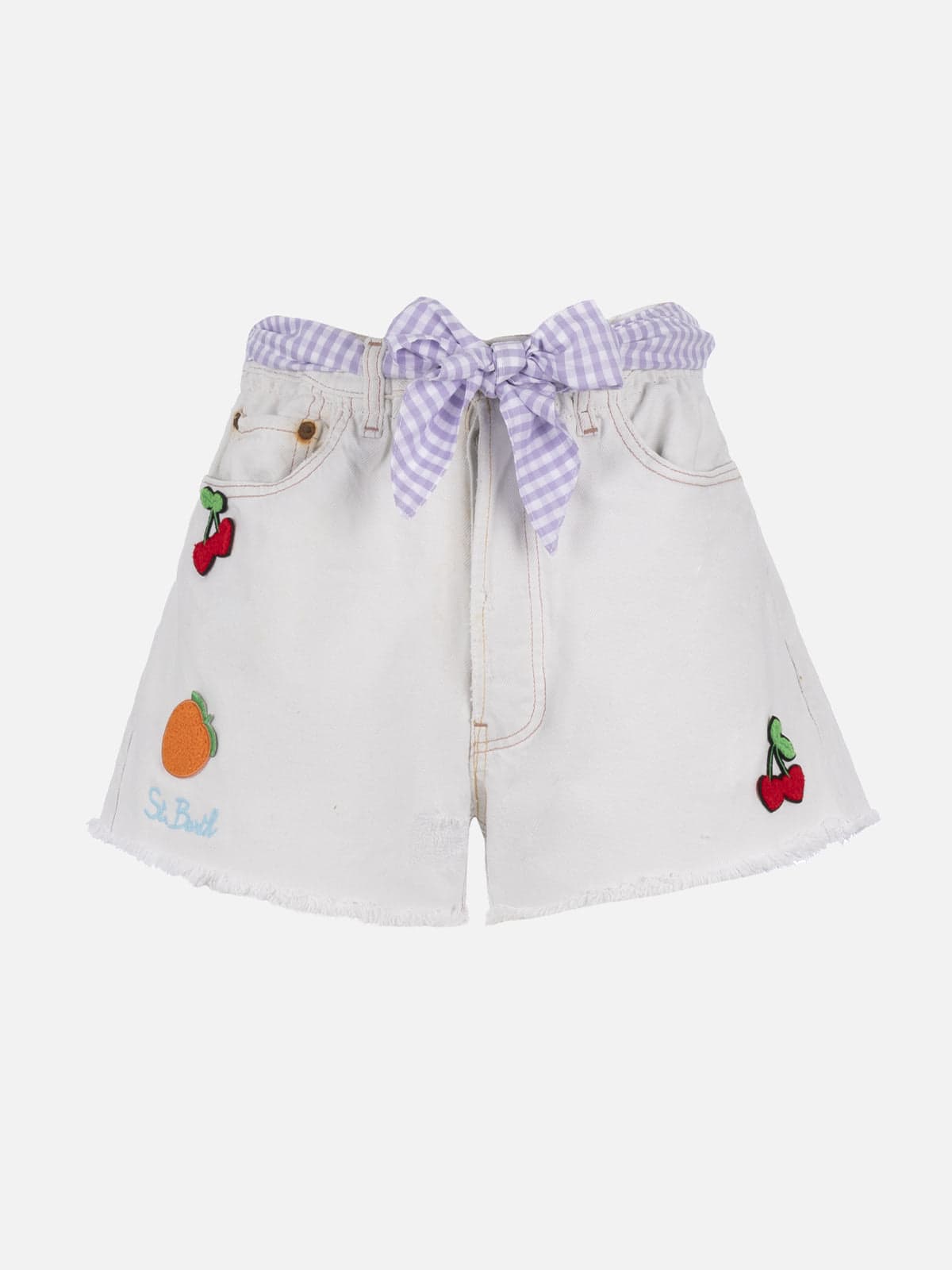 Mc2 Saint Barth Woman Upcycled Denim Shorts Arizona With Patches In White