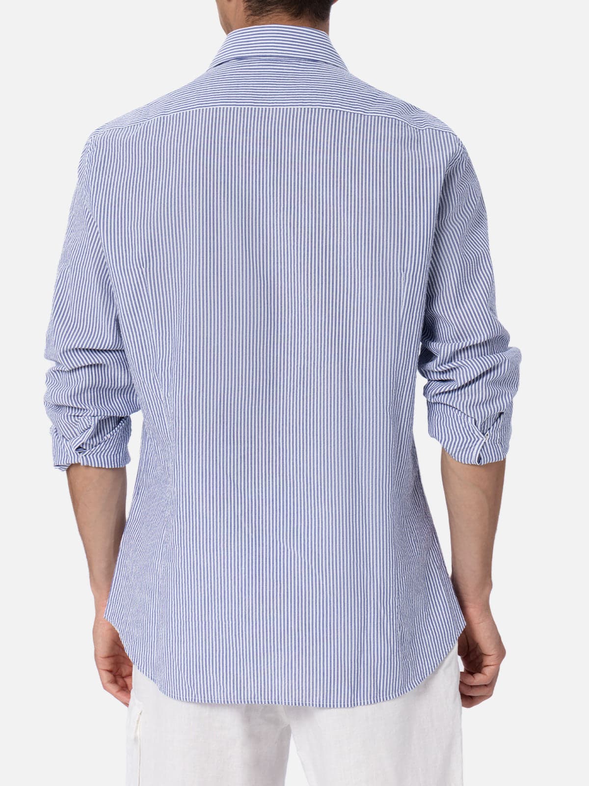 Shop Mc2 Saint Barth Man Seersucker Cotton Shirt Pamplona With Bluette Stripes In Sky