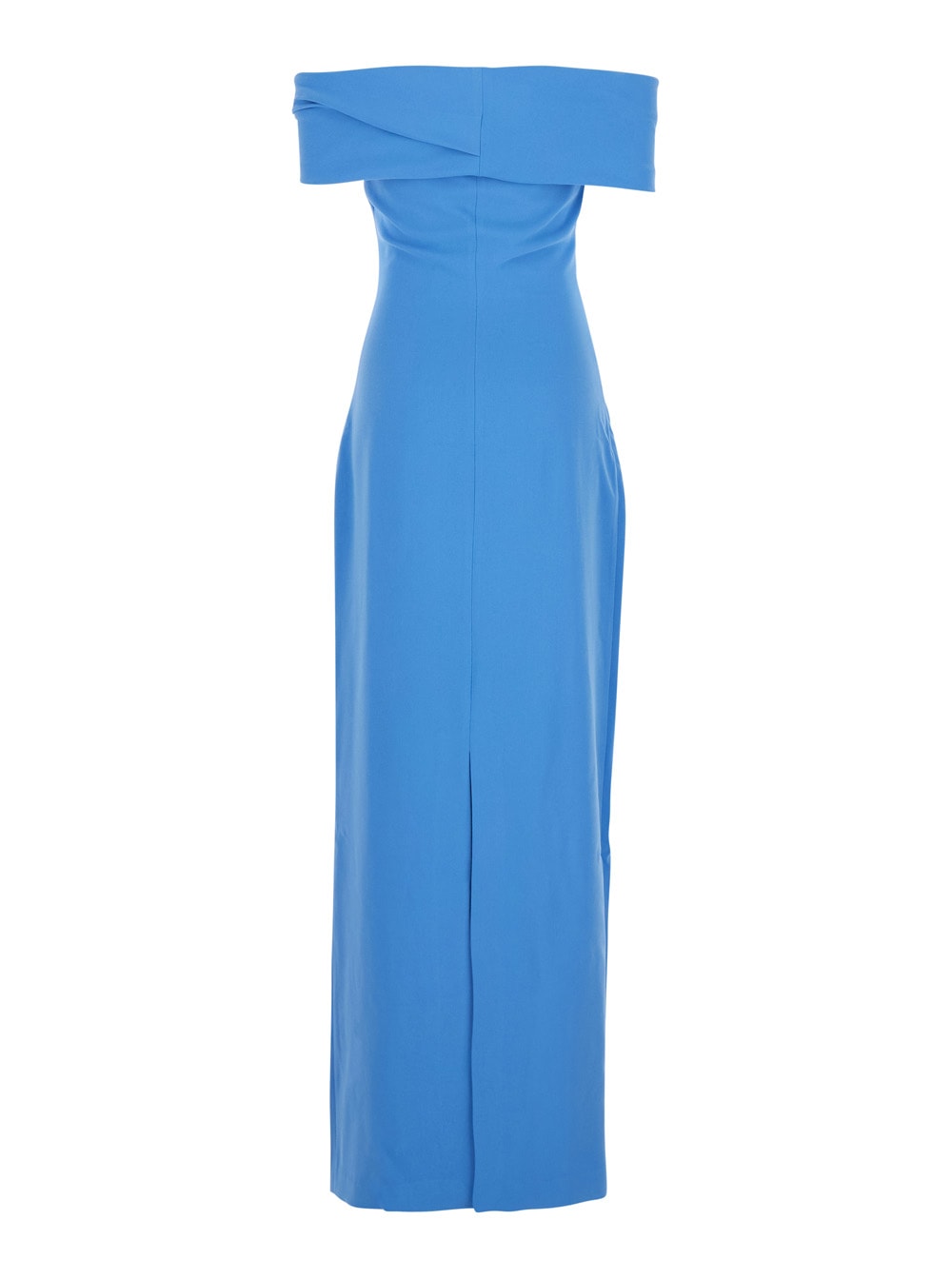 Solace London Eva Blue Off-shoulder Long Dress With Draped Detail In Tech Fabric Woman In Blu