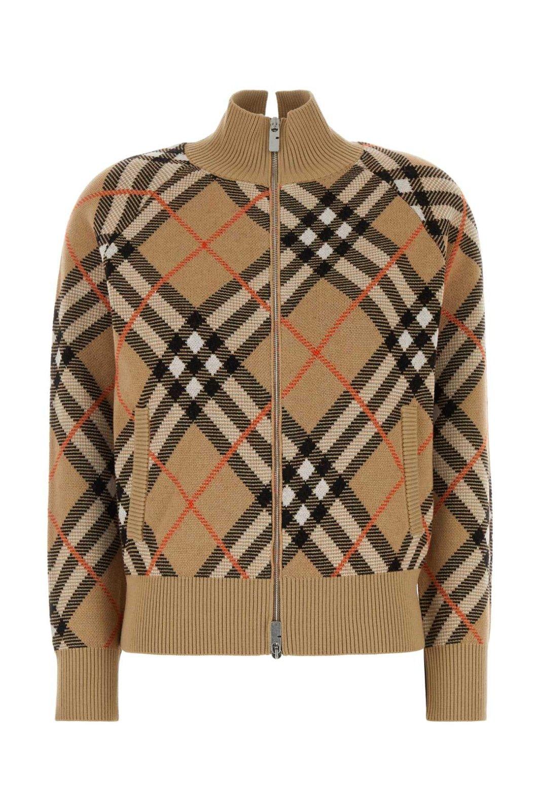 Shop Burberry Check Pattern Zip-up Cardigan In Beige