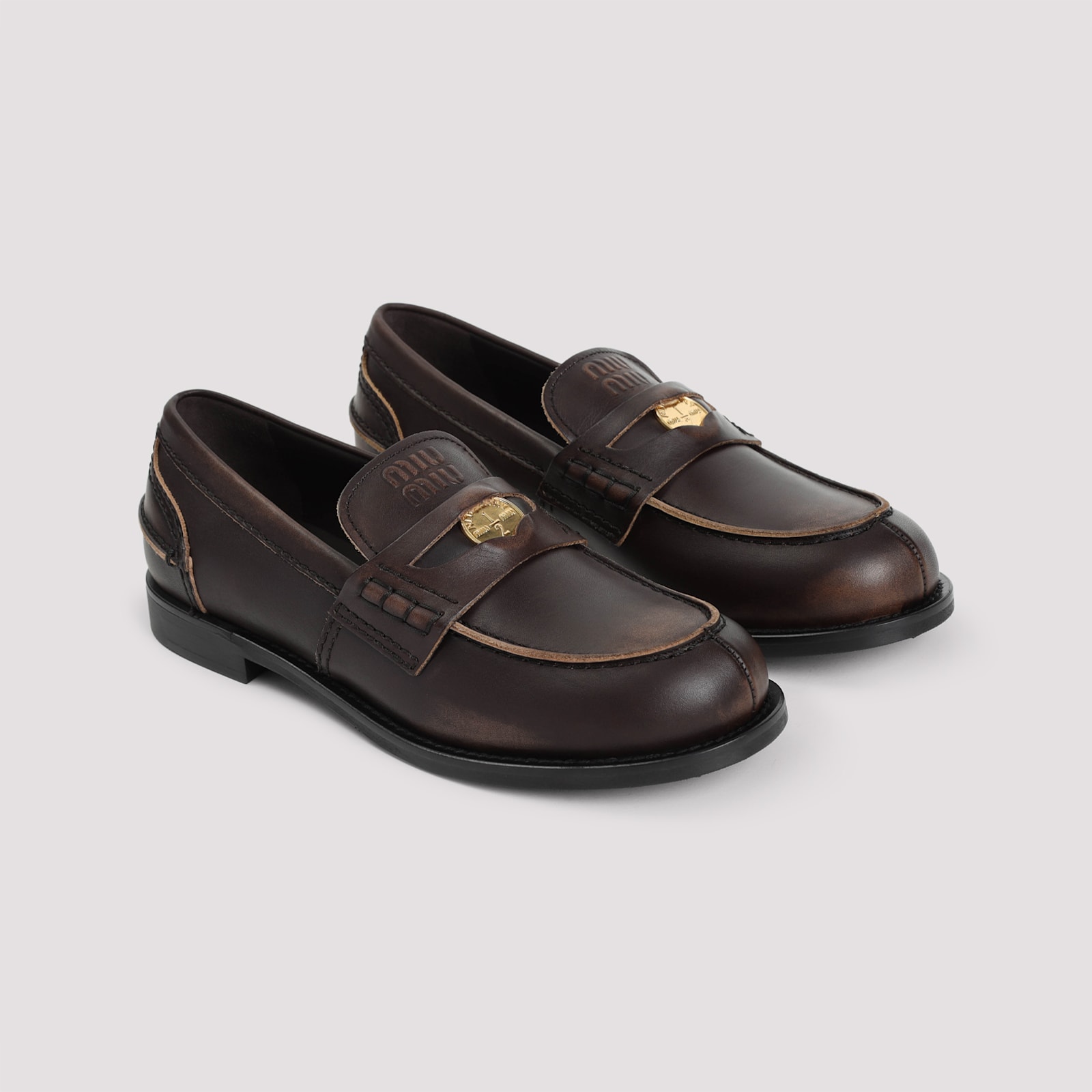 Miu Miu Brown Leather Loafers In Brown