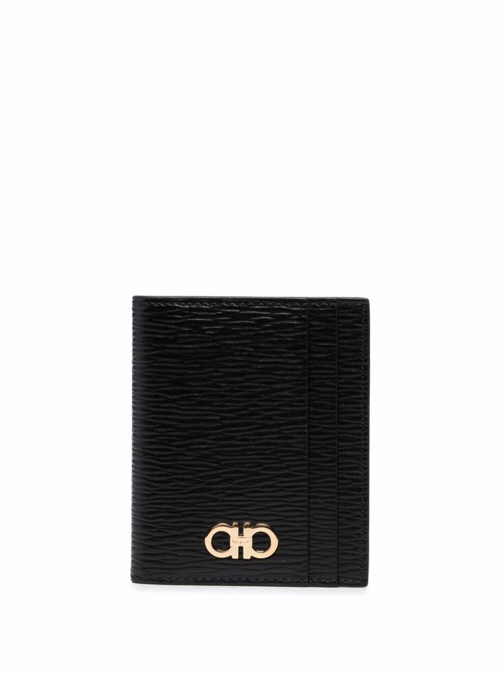 Ferragamo Black Cardholder With Gold-tone Gancini Logo In Calf Leather Man