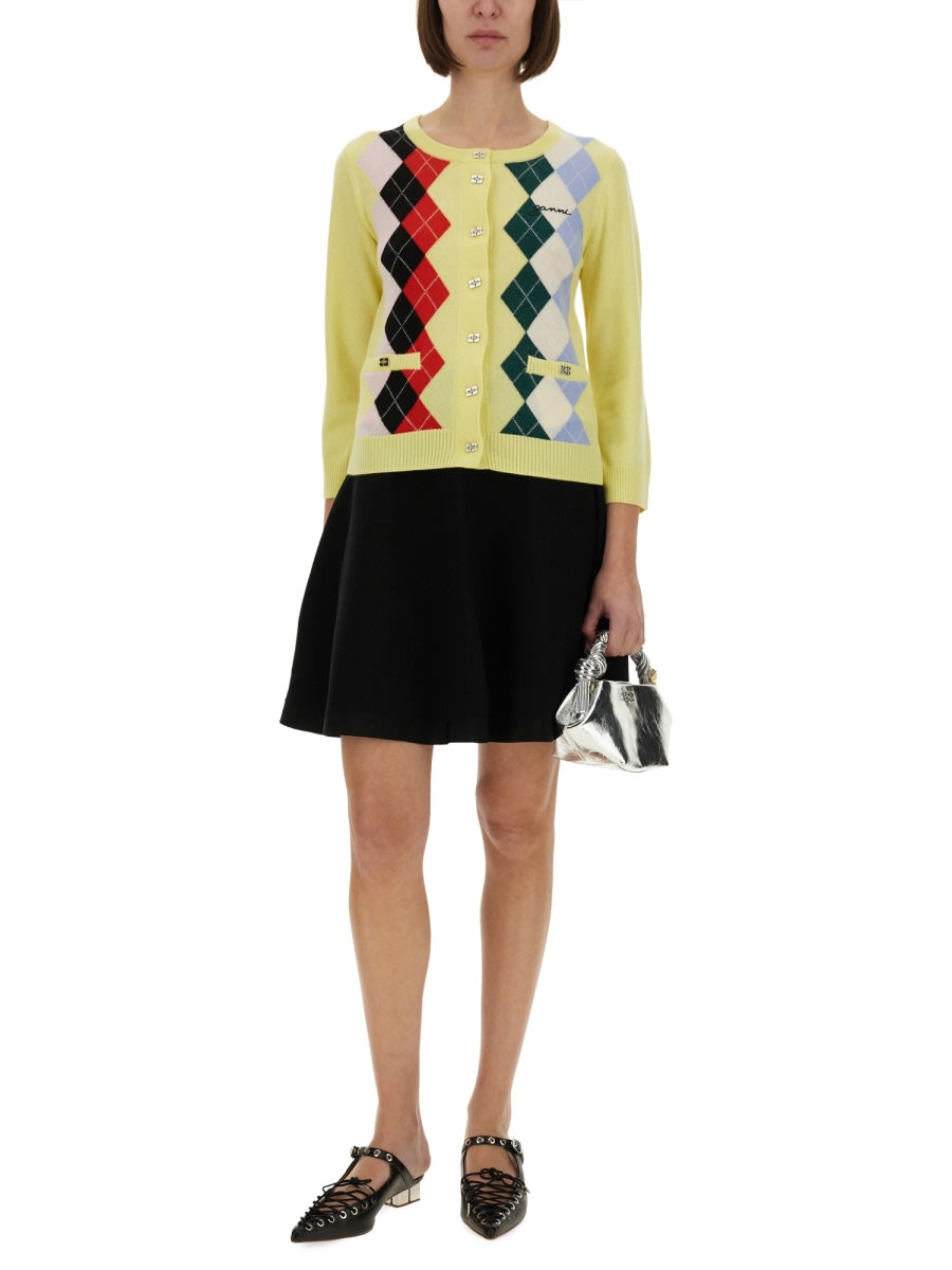 Ganni Knitwear Cardigan With Argyle Pattern And Pockets In Yellow