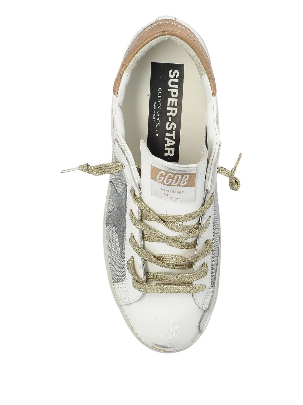 Shop Golden Goose Super Star Net And Leather Upper Suede Star Cocco Printed Heel In White Light Blue Beige