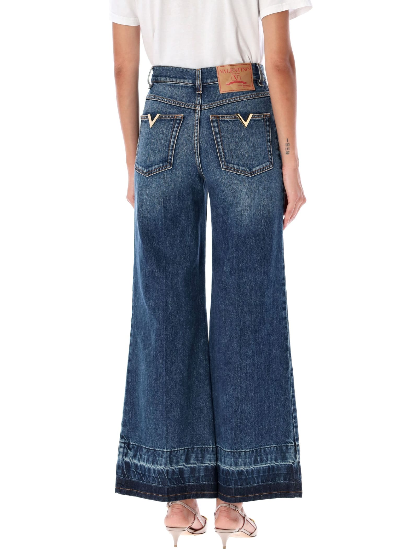 Shop Valentino Crop Wide Denim In Mid Blue