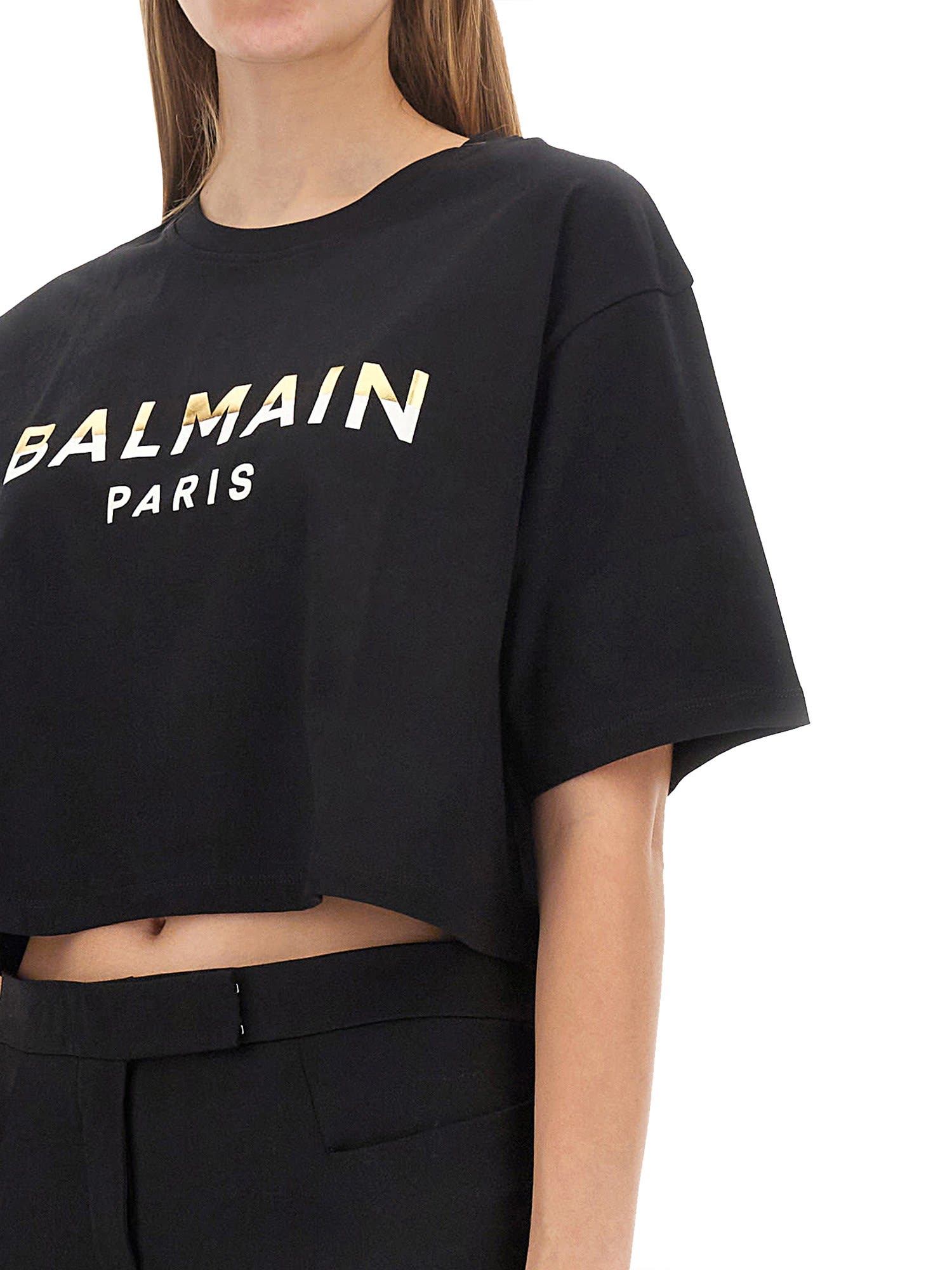 Shop Balmain Logo Print T-shirt In Noir/or/crème