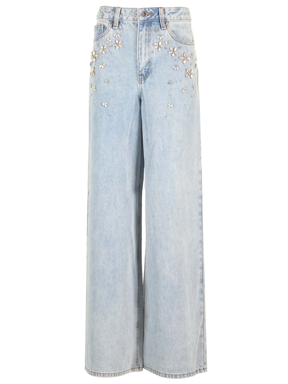 Shop Self-portrait Wide Leg Jeans With Rhinestones In Light Blue