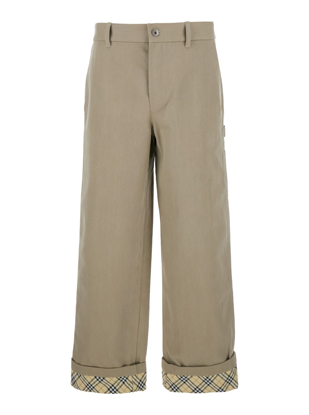 Burberry Beige Pants With Logo Embroidery On The Side And Turn-up Checked Hem In Cotton Man In Beige