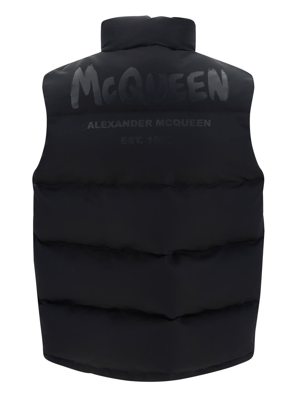 Alexander Mcqueen Men Padded And Quilted Nylon Sleeveless Jacket With Back Mcqueen Graffiti Print In Black