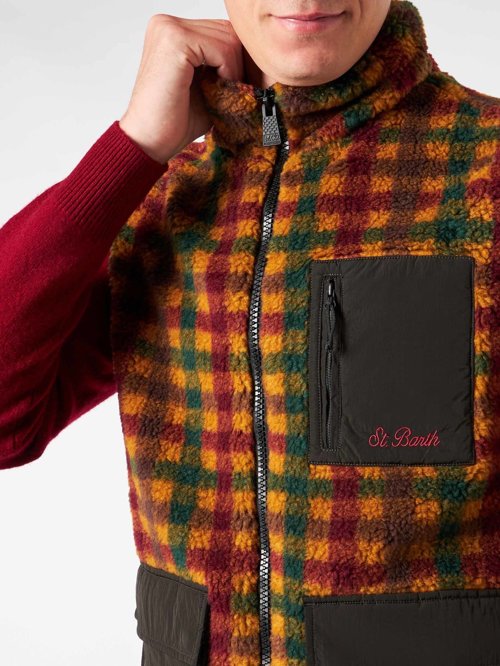MC2 SAINT BARTH MAN CHECK SHERPA VEST JACKET WITH PATCH POCKETS