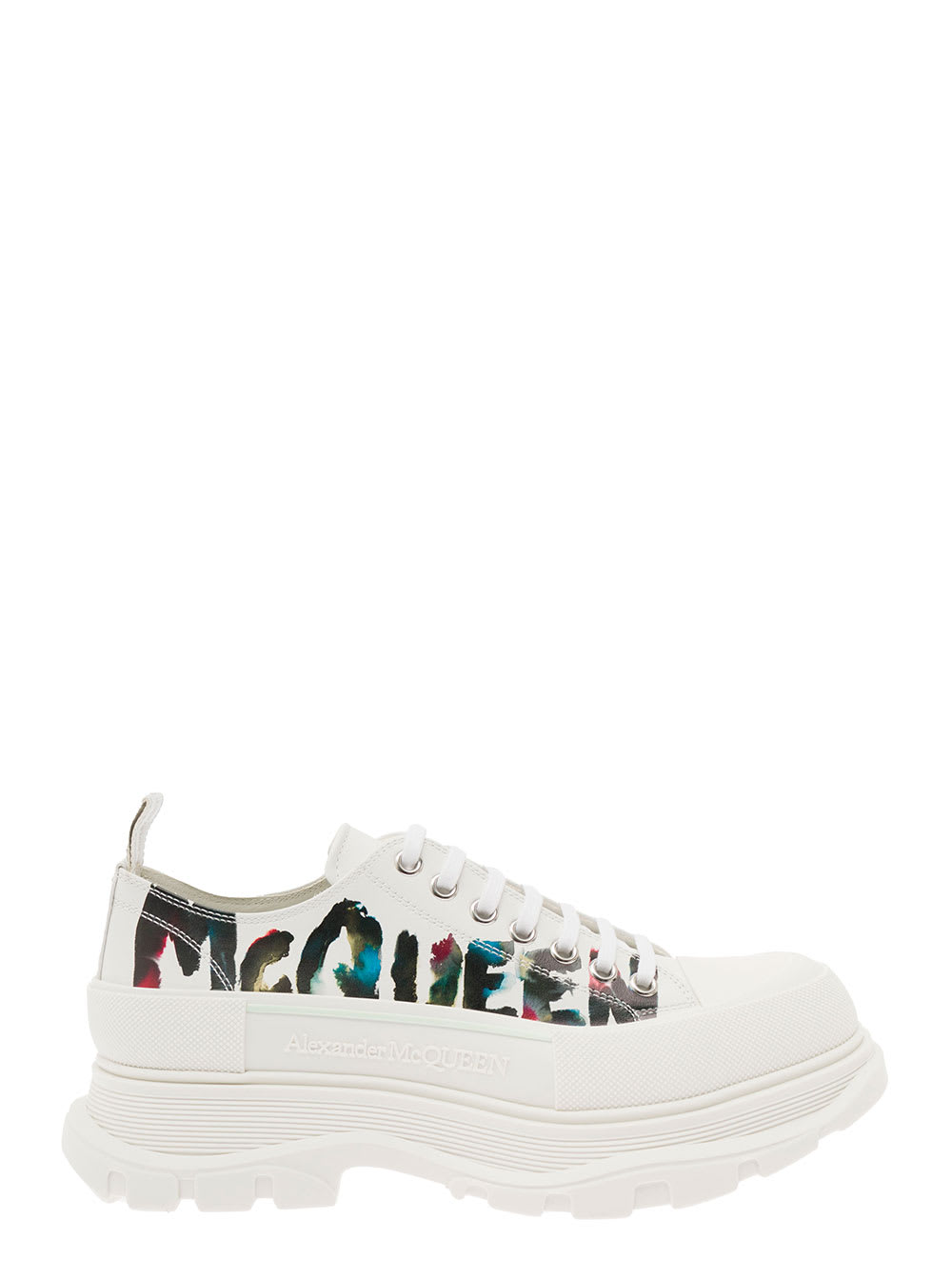 Shop Alexander Mcqueen White Tread Slick Sneakers With Graffiti Logo Print In Calf Leather