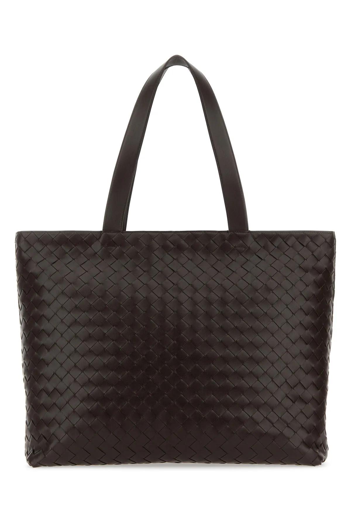 Shop Bottega Veneta Dark Brown Leather Intrecciato Shopping Bag In Fondant/silver