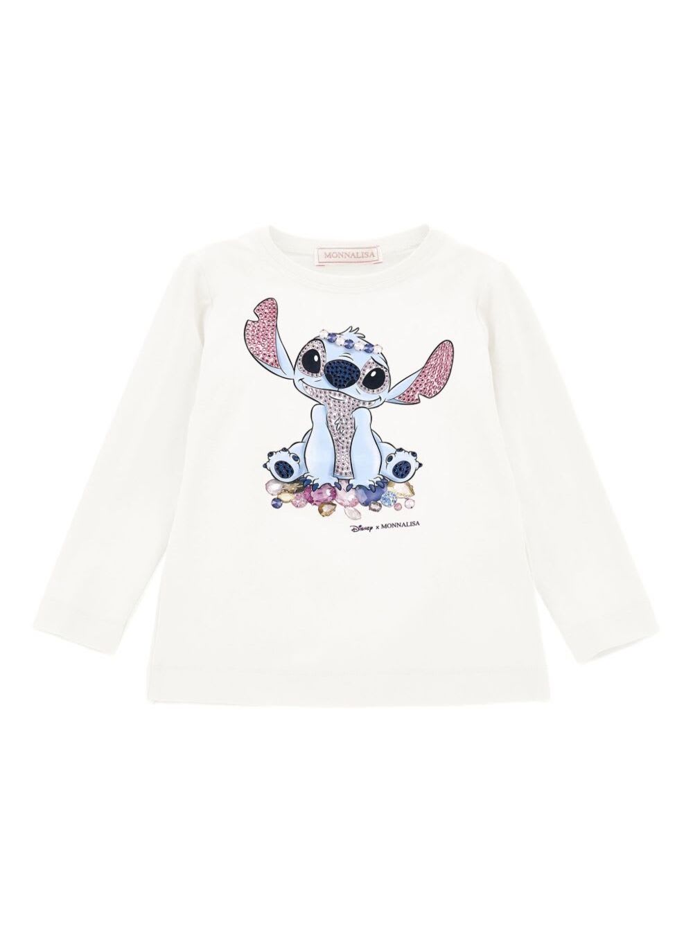 Monnalisa White Long-sleeved T-shirt With Front Print In Cotton Baby In White