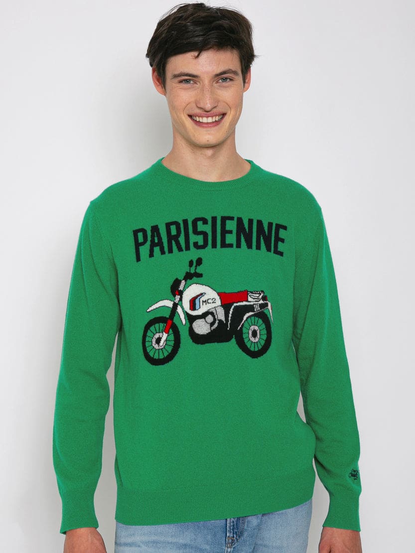 Mc2 Saint Barth Man Sweater Parisienne Print In Green