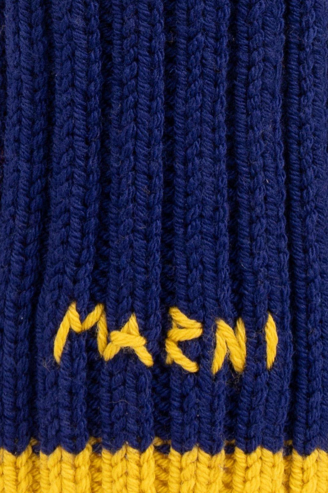 Shop Marni Logo-embroidered Ribbed-knit Balaclava In Blue/yellow