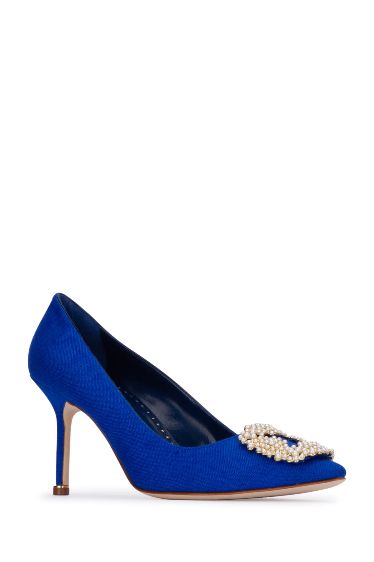 Manolo Blahnik Satin Hangisi 105 Pumps With Jewel Embellishment In Blue
