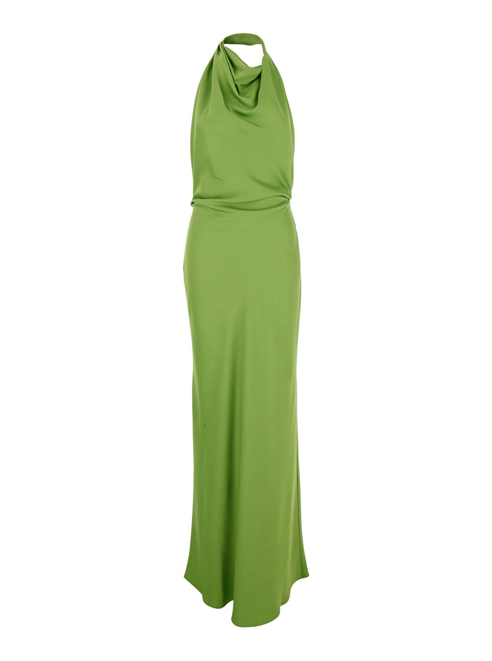 reannon Green Long Dress With Halterneck And Front Ruches In Tech Fabric Woman