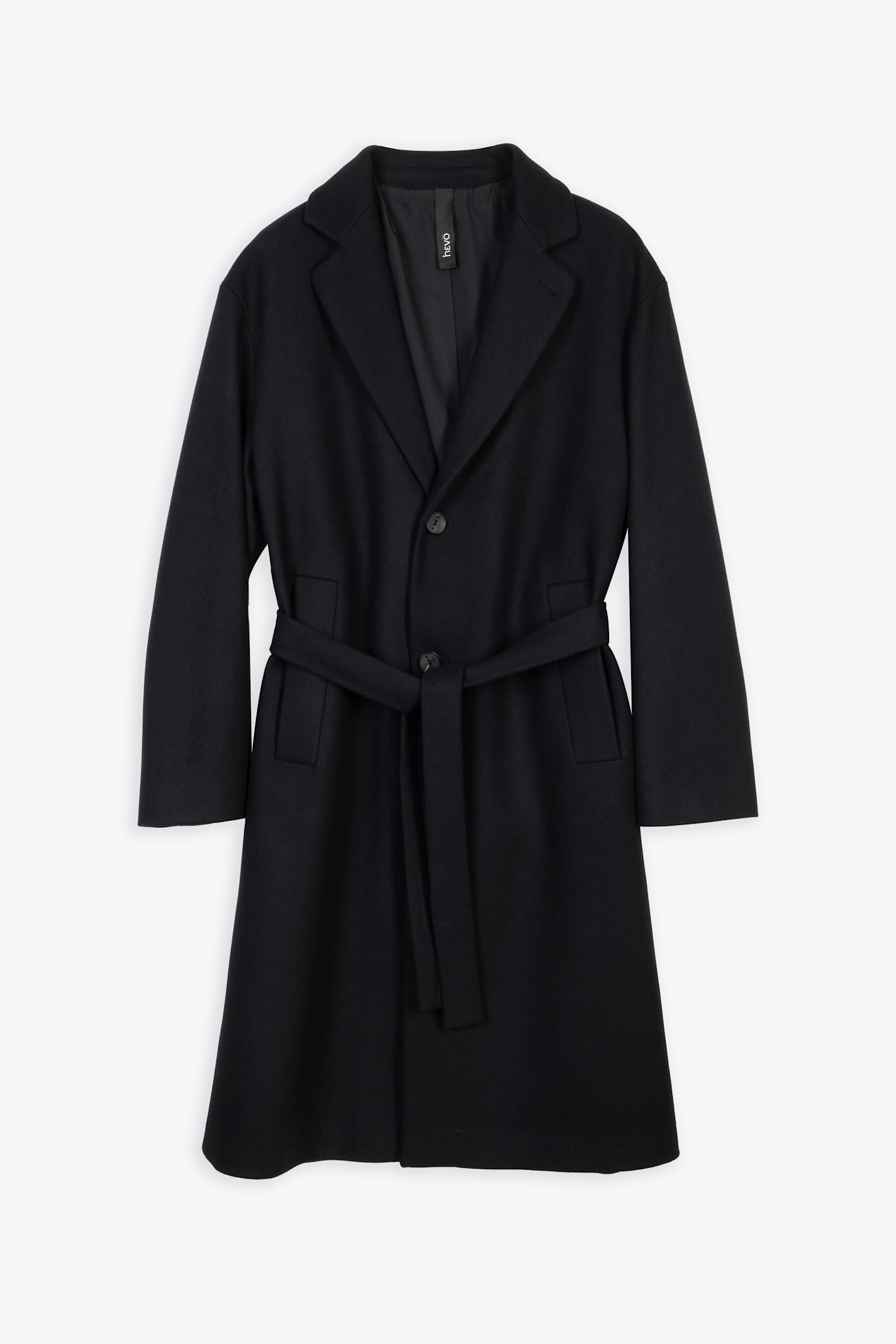 Hevò Coat Black wool long coat with belt – Cisternino