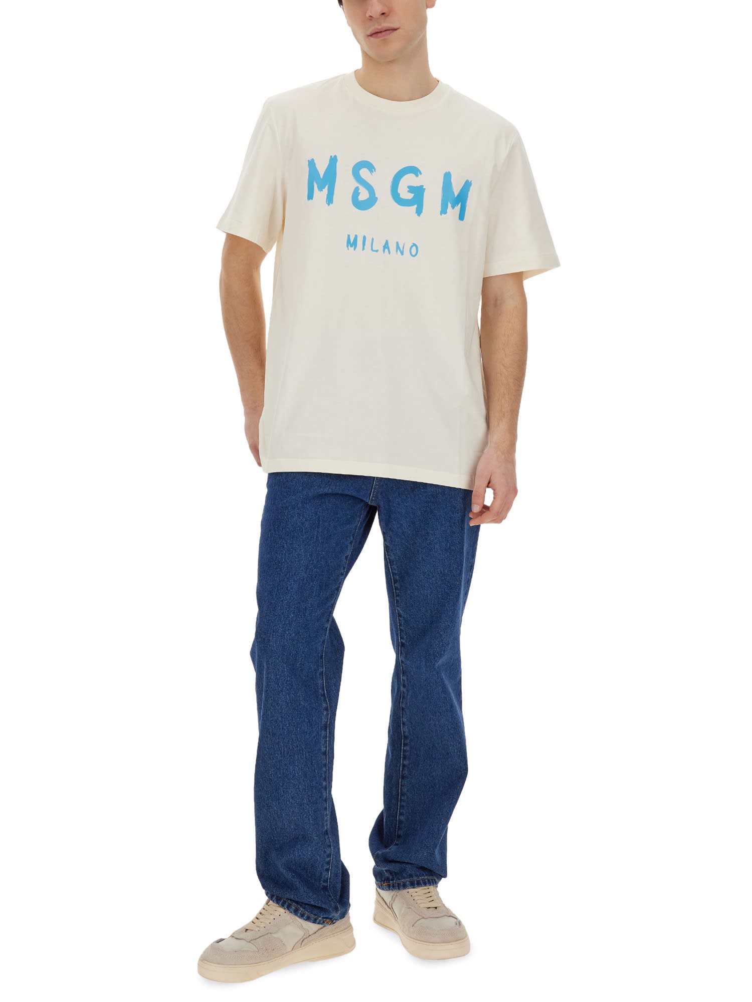 Shop Msgm T-shirt With Brushed Logo In Ivory