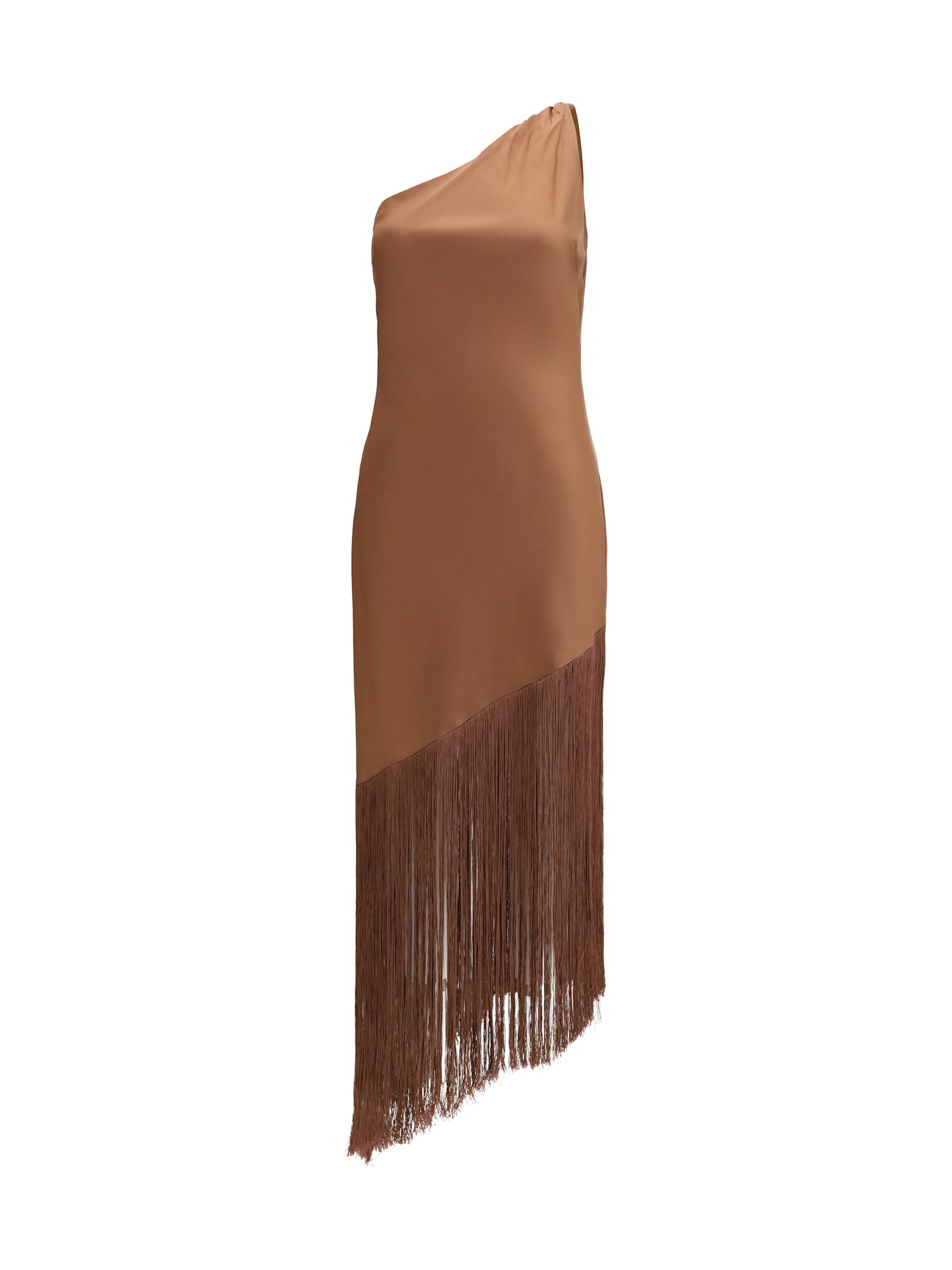 Pinko Brown Dress With Asymmetrical Design And Fringes In Tech Fabric Woman