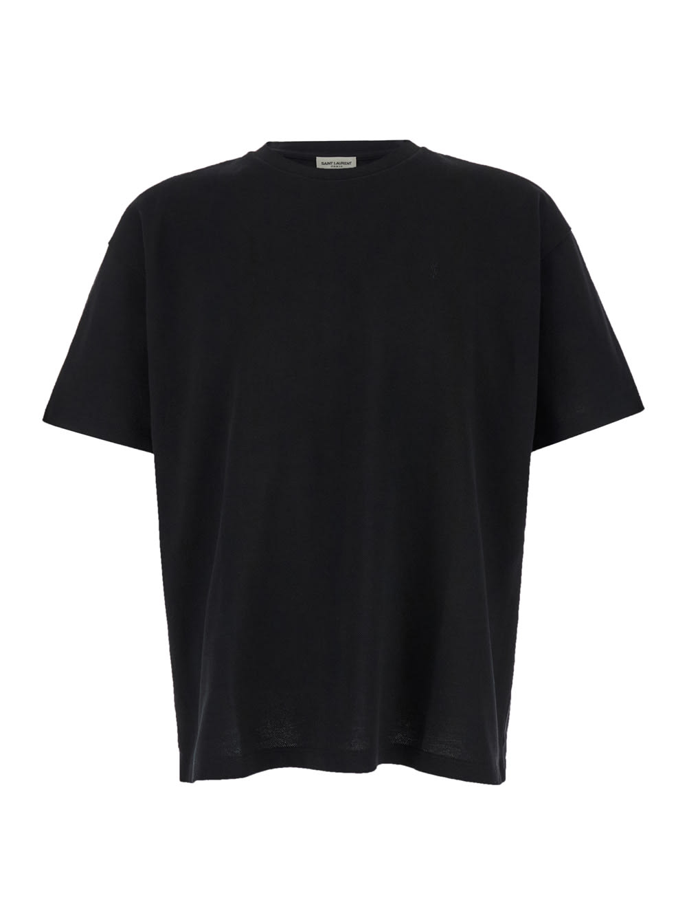 Shop Saint Laurent Black Crewneck T-shirt With Cassandre Detail In Cotton Blend Man