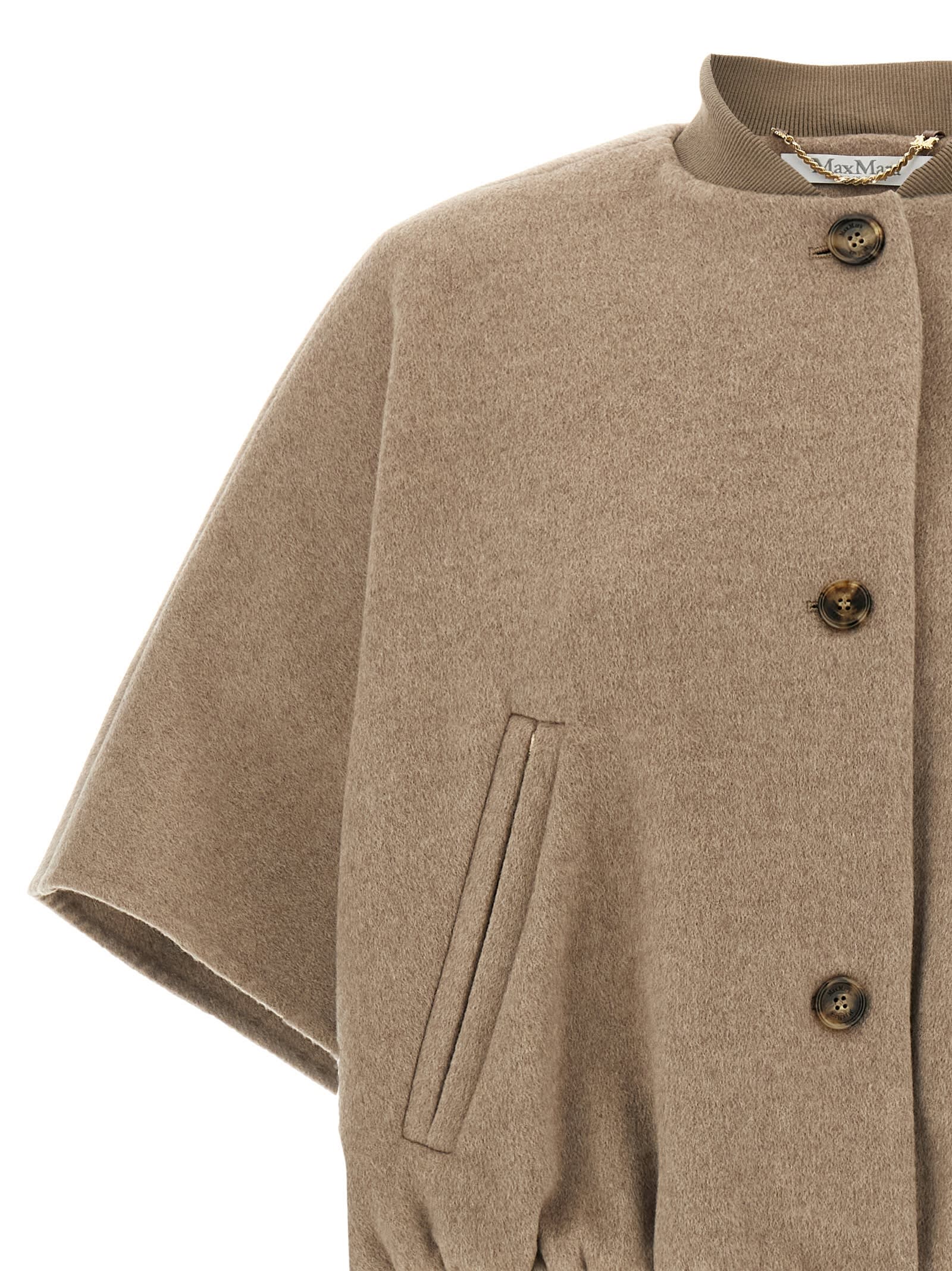 Max Mara Ribbed Hem Short Sleeve Cape With High Collar In Brown