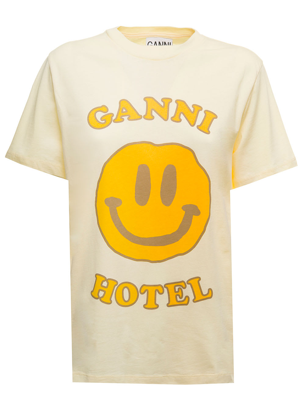 Ganni Pale Yellow T-shirt With Contrasting Print To The Front Woman