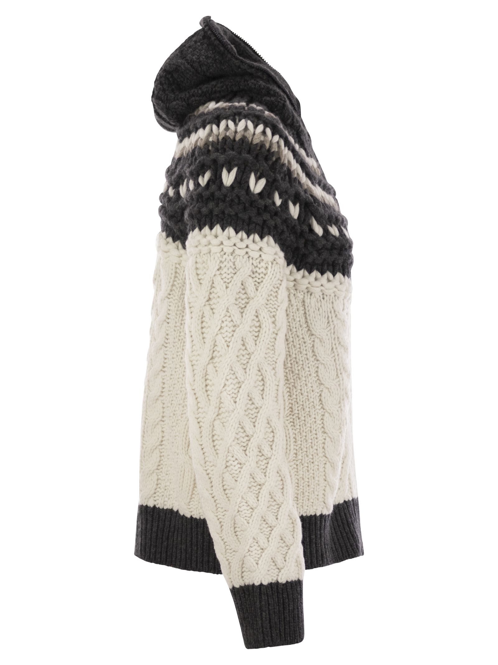 Shop Brunello Cucinelli Opera Mountain Cables Cashmere Feather Cardigan With Handmade Hood In Ivory