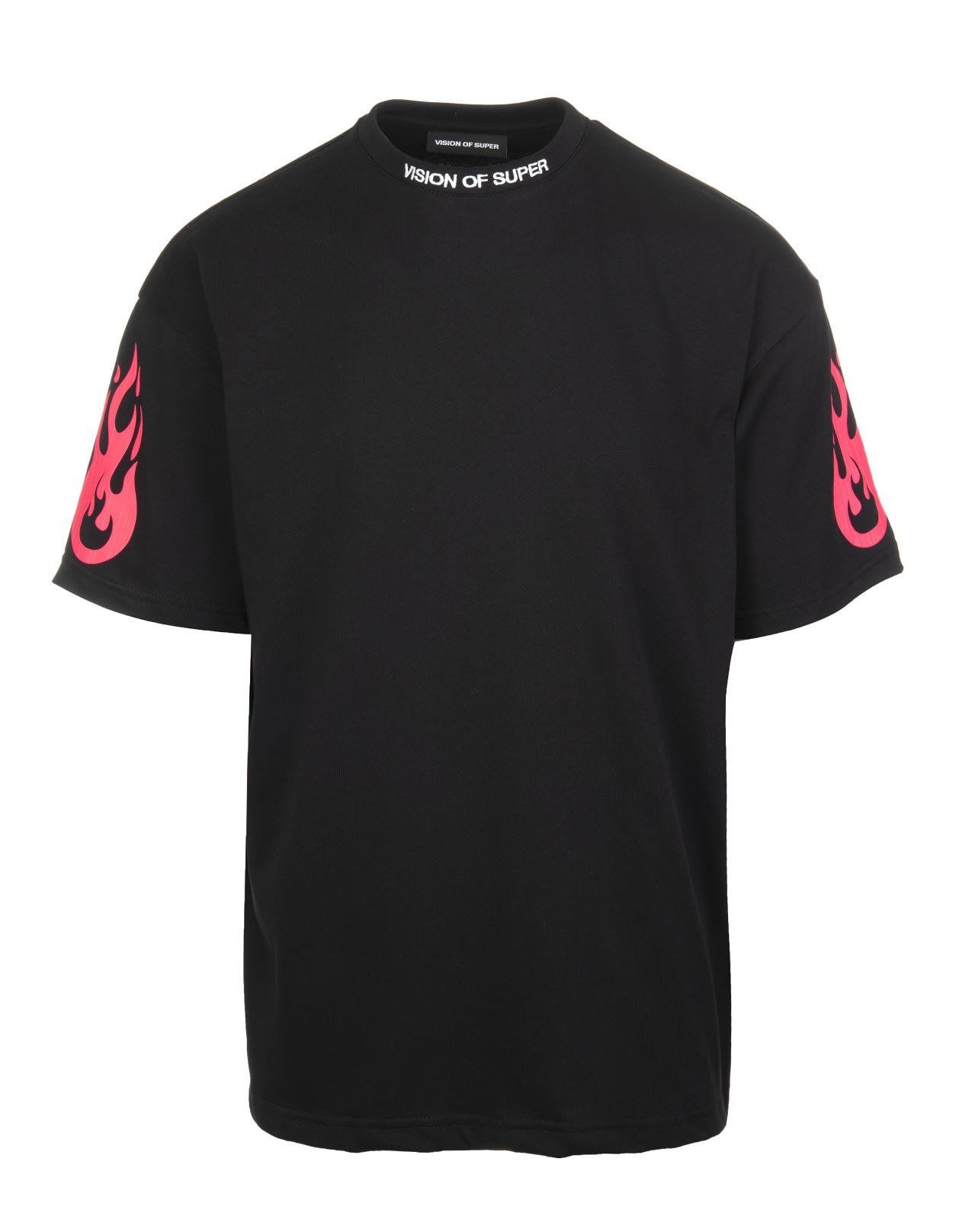 Vision of Super Man Black T-shirt With Fluo Pink Flame