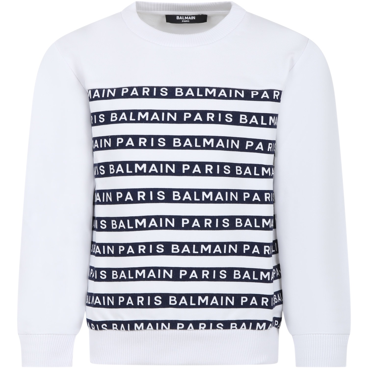 Balmain White Sweatshirt For Kids With Blue Stripes And Logo