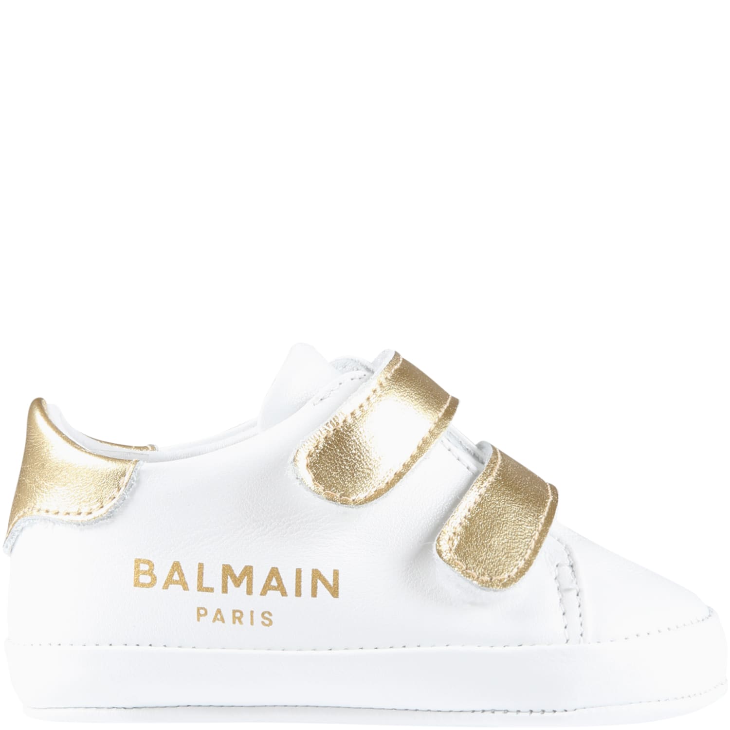 Balmain White Sneakers For Babies With Golden Logo
