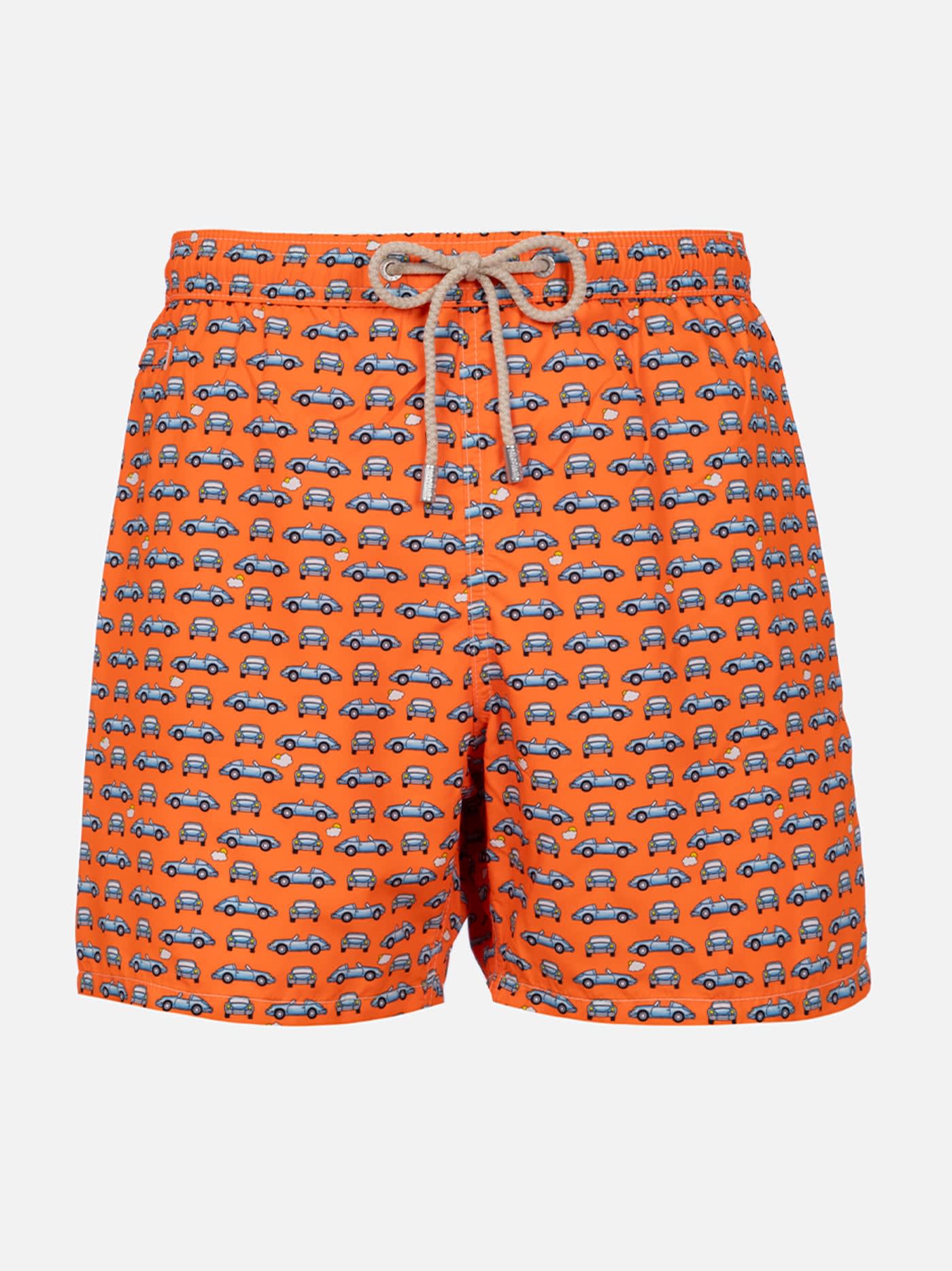 Shop Mc2 Saint Barth Man Lightweight Fabric Swim-shorts Lighting Micro Fantasy With Cars Print In Fluo